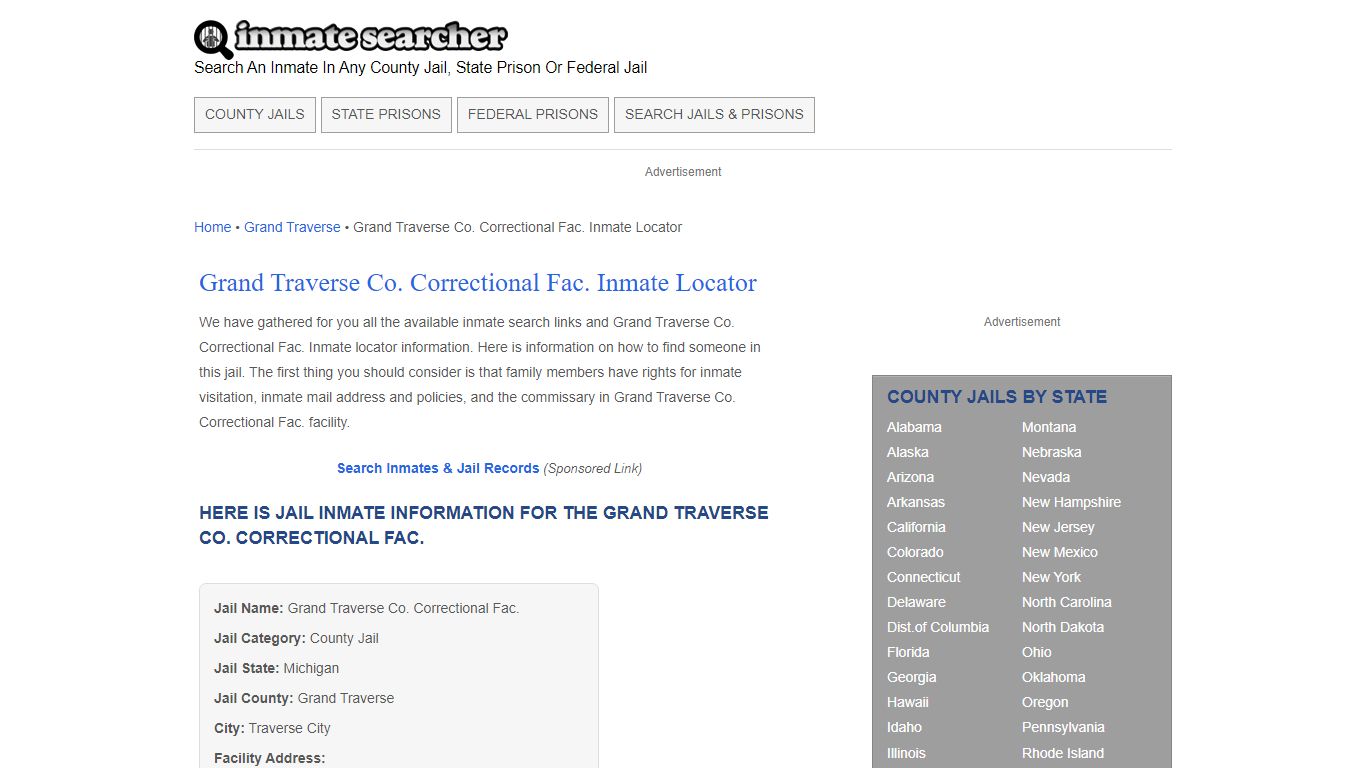 Grand Traverse Co. Correctional Fac. Inmate Locator - Inmate Searcher